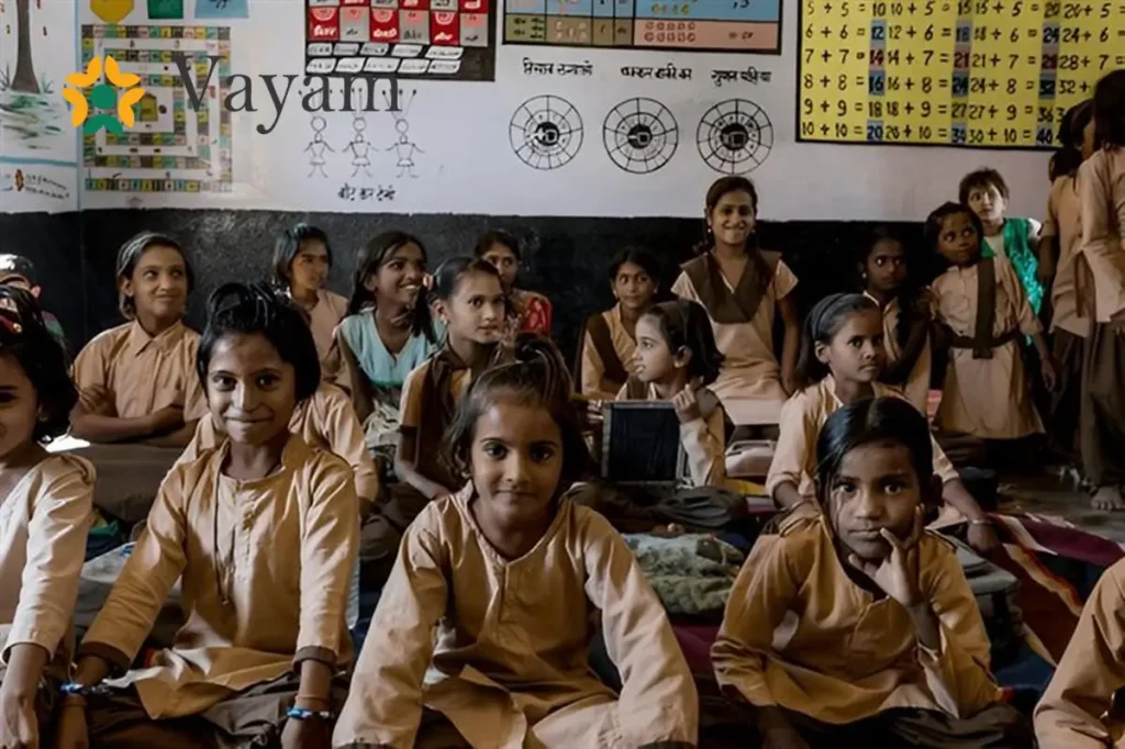  A diverse group of children seated in a classroom, engaged in learning, embodying the message that girls deserve a chance.