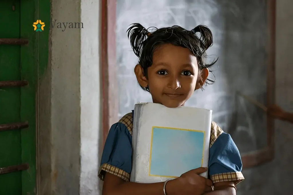 A young girl with a book titled Why Girls Are Still Unwanted poses in front of a blackboard, symbolizing educational empowerment.