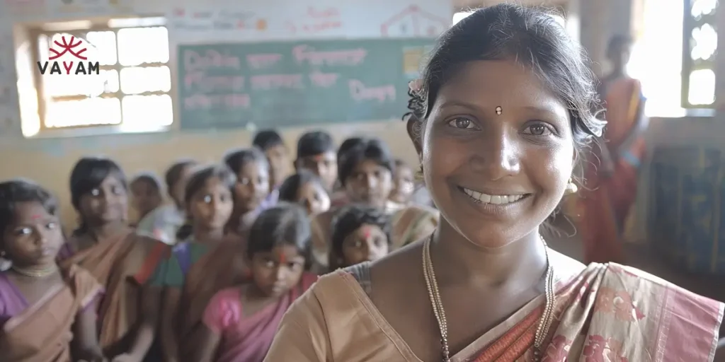 A smiling woman addresses a classroom of children, emphasizing how a ₹500 donation can significantly change a girl's life forever.