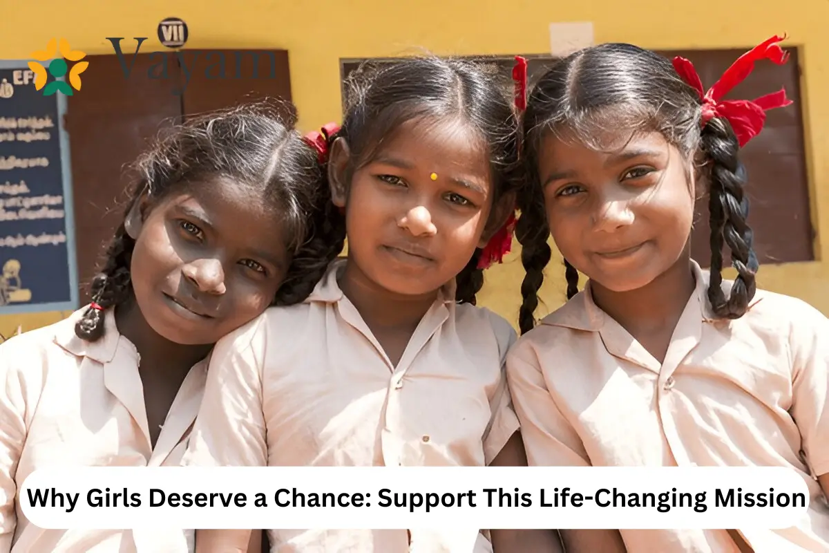 Three young girls in school uniforms stand together, embodying the spirit of empowerment and the message that girls deserve a chance