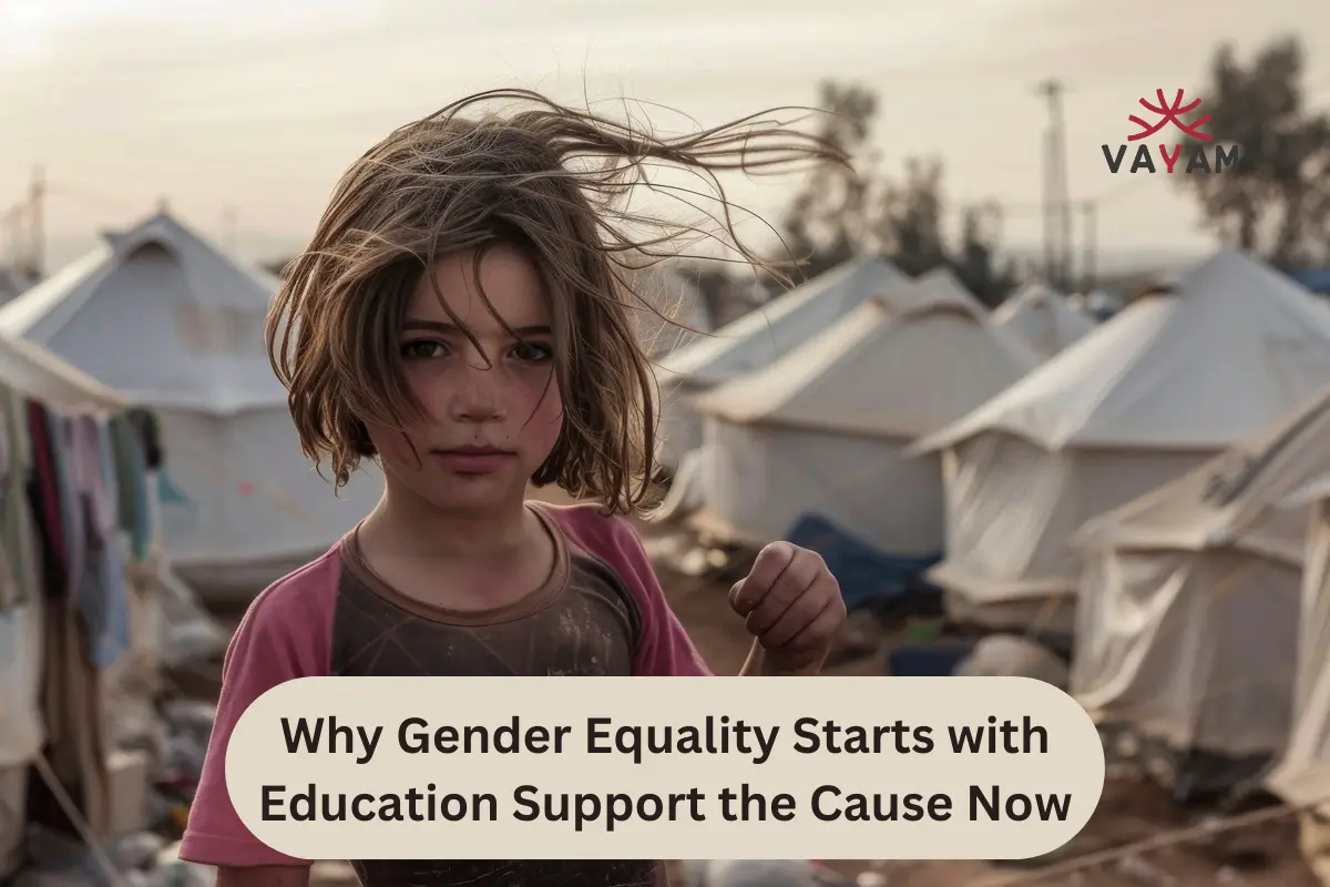 A young girl stands before tents in a refugee camp, symbolizing the urgent need for education and gender equality.