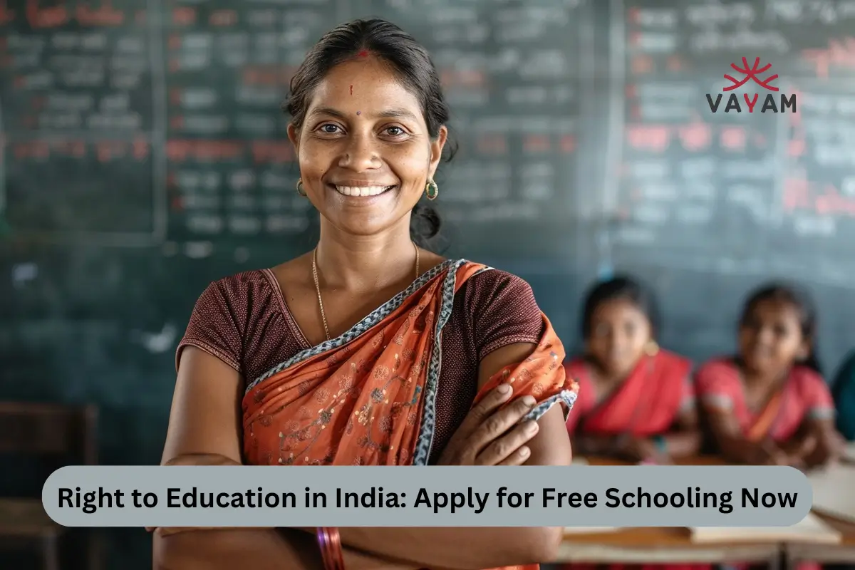 A woman wearing an Indian sari stands before a classroom, advocating for the Right to Education and free schooling in India.