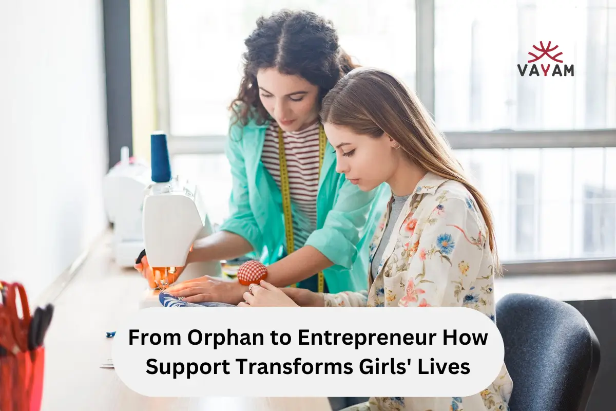 Two women focused on a sewing machine, representing the support that transforms girls' lives into successful entrepreneurs.