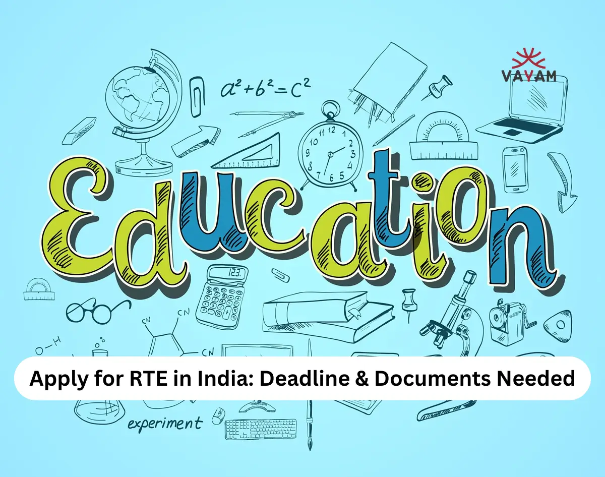 Apply for RTE in India: Education-themed graphic with school-related doodles.