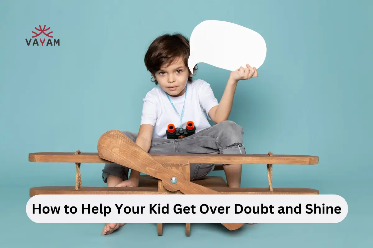 A young boy sits on a wooden plane, expressing his thoughts in a speech bubble, embodying themes of doubt and shine.