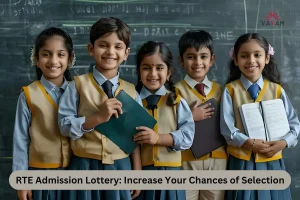 Five children in school uniforms pose in front of a blackboard, celebrating their participation in the RTE Admission Lottery.