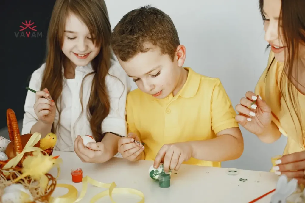 A delightful scene of three children crafting Easter eggs together, encouraging creativity in children.