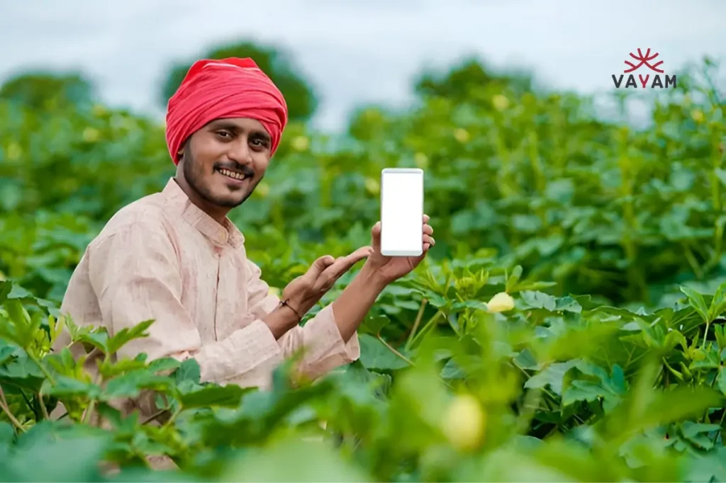 Farmer using mobile app for real-time weather updates.