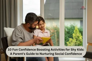 A man and a young girl sit on a couch, engrossed in reading a book titled Fun Activities for Shy Kids.