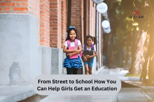 Two young girls with backpacks joyfully running to school, symbolizing efforts to help girls get an education and create a brighter future.