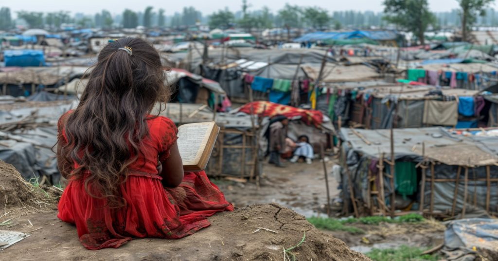 A poor girl studying while sitting on the ground, living in a slum area. 