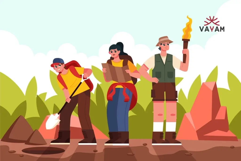 Illustration of young individuals working with tools, reading a map, and leading with a torch, representing efforts to train youth for MGNREGA Supervisor roles.