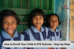 Three young girls in school uniforms stand in front of a green door, symbolizing enrollment in RTE schools.