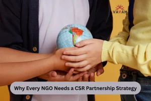 Three children collaboratively holding a globe, symbolizing unity and global awareness in a CSR partnership strategy.