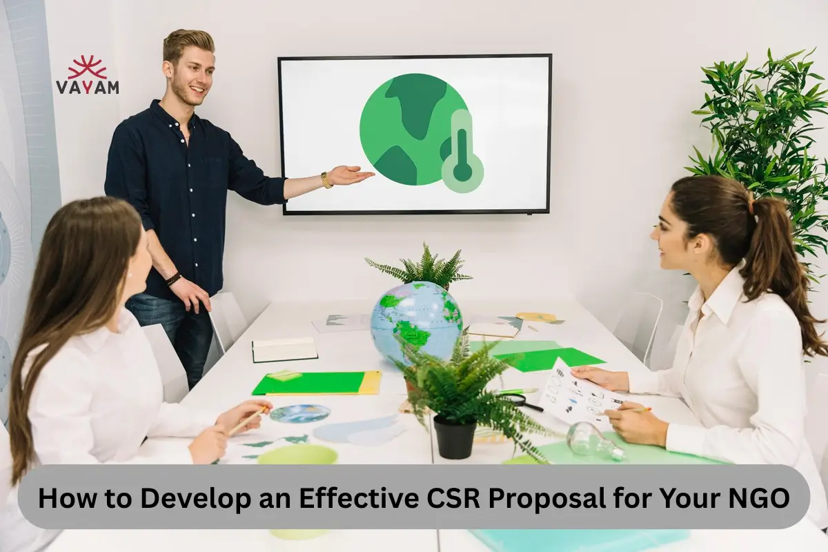 A man presents to colleagues on developing an effective CSR proposal for NGOs.