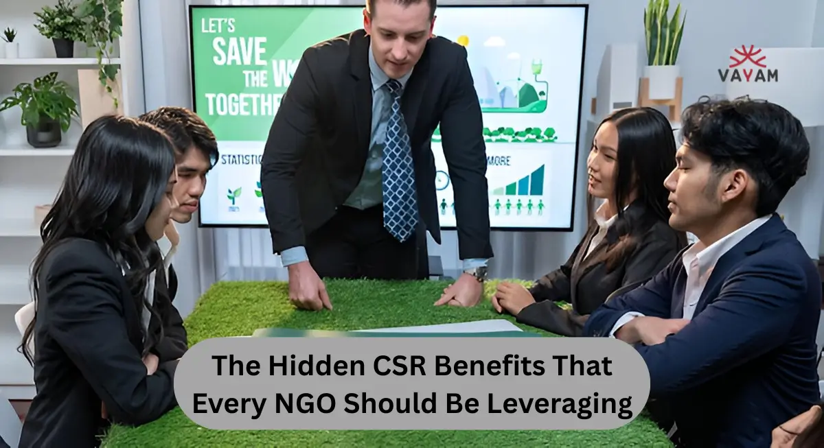 Business team discussing Hidden CSR Benefits and eco-friendly initiatives during a corporate meeting focused on sustainability goals.
