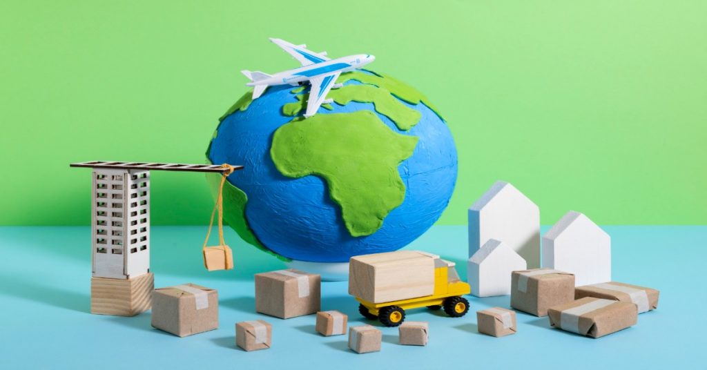 Illustration of worldwide goods delivery, emphasizing on CSR trend, ethical supply chains.