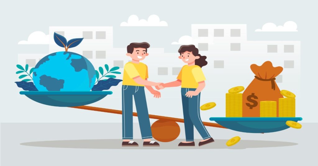 Two people shaking hands on a balance scale with money and earth, symbolizing CSR sponsorships and partnership impact.