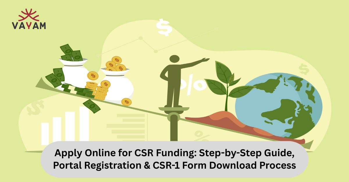 Online application process for CSR funding, featuring portal registration and CSR-1 form download instructions.
