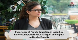 The image illustrates the significance of female education in India, focusing on factors and multiples for empowerment and equality.