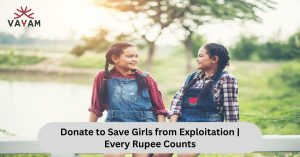 Image promoting donations to save girls from exploitation, emphasizing that every rupee counts in this cause.
