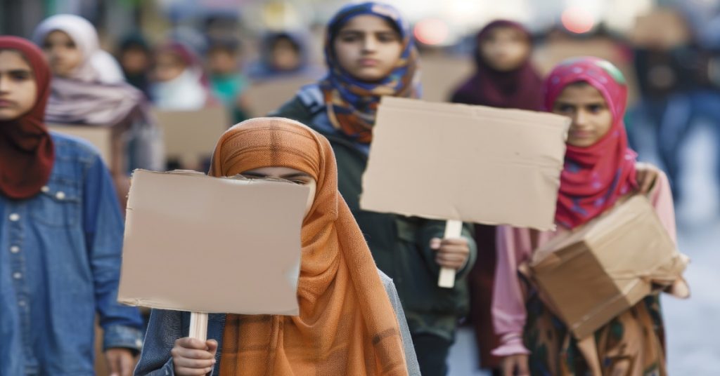 A group of women in the street holding signs advocating for girls' education and raising awareness on the issue.