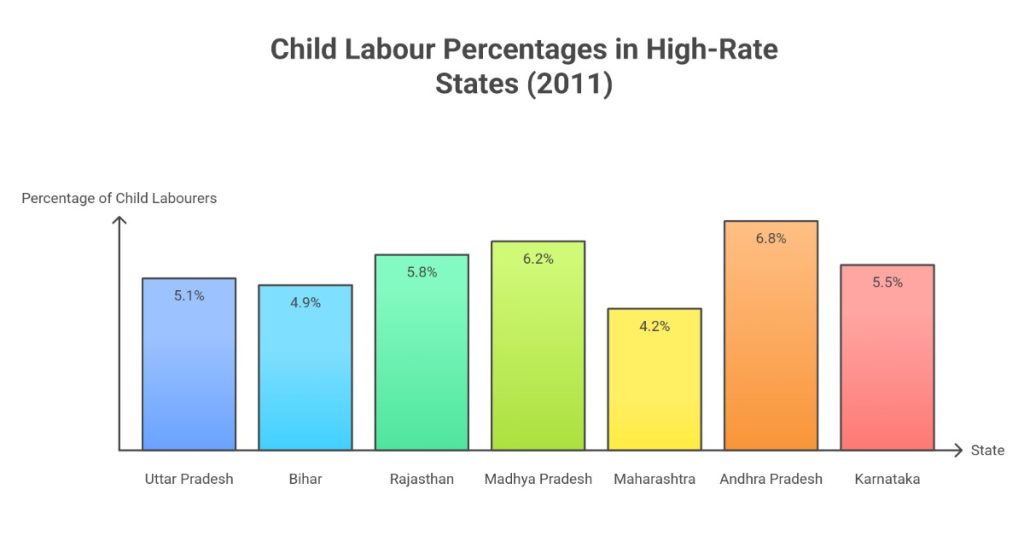 Bar chart of child labour percentages in high-rate states based on 2011 Census data.