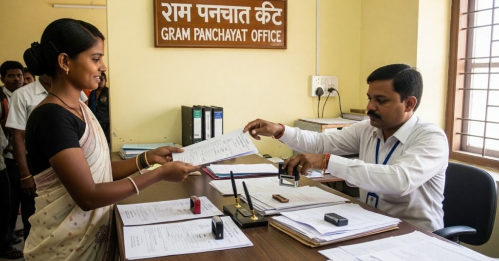Beneficiary submitting work application at Gram Panchayat office counter with official stamping documents.