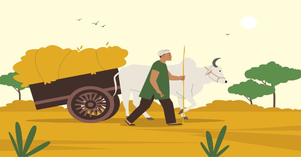 Man pulling a cart with a bull, highlighting dairy farming and MGNREGA's role in boosting fodder supply.