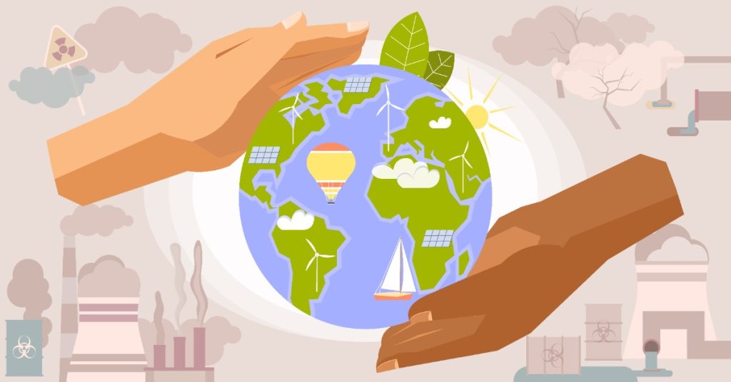 Hands cradle a globe with a city and plant, representing CSR challenges.