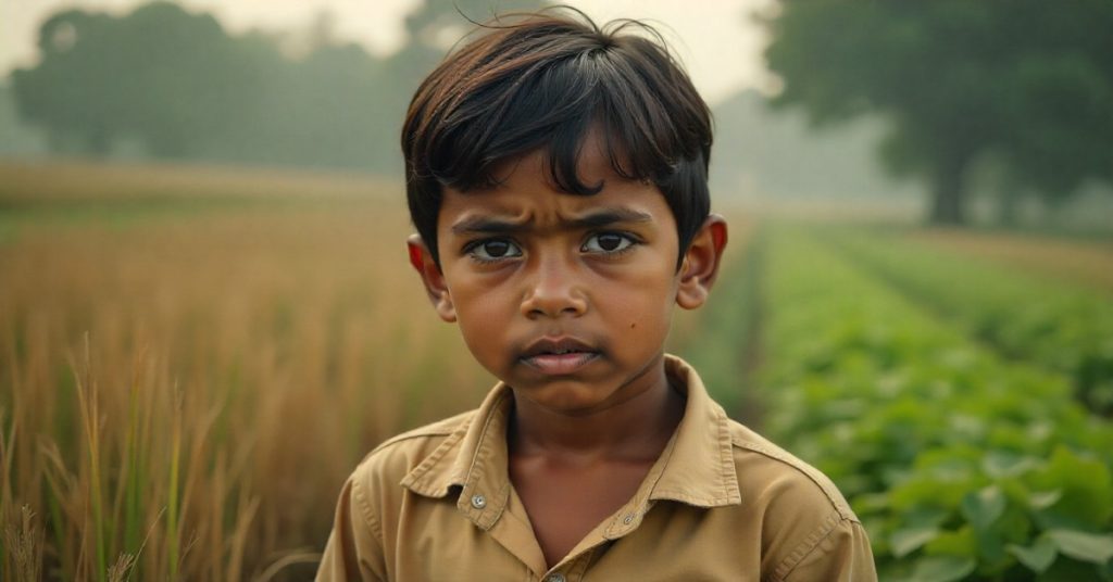 A young boy in a field gazes at the camera, highlighting child labour in rural India.