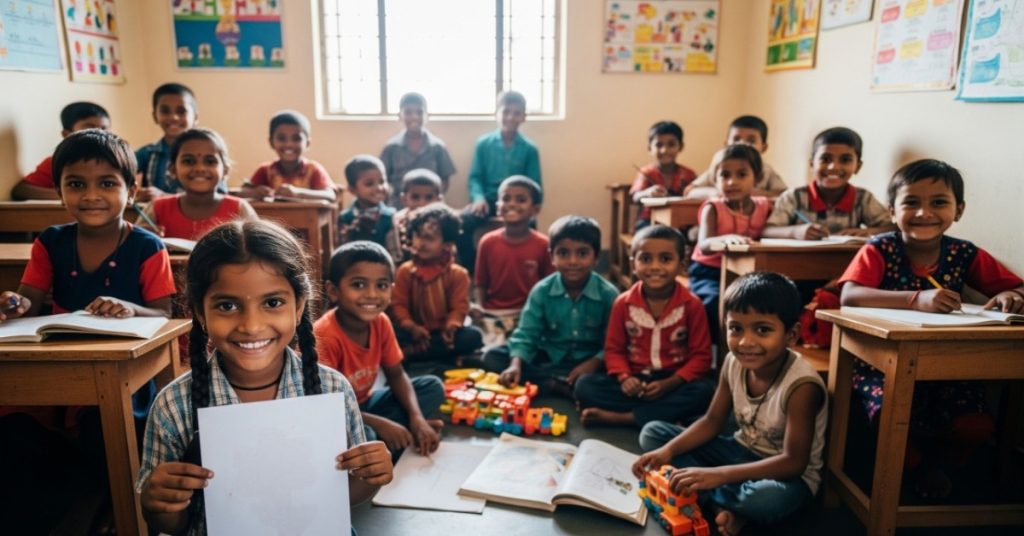 Rescued child labourers attending school in India, symbolizing hope and recovery.