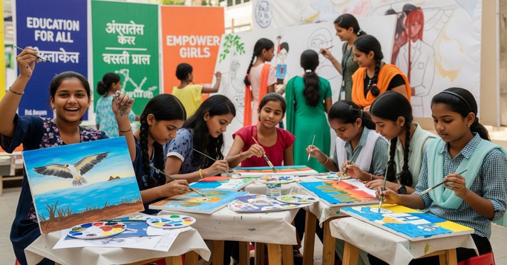Girls participating in an educational NGO program, engaged in creative painting activities that support learning and empowerment.