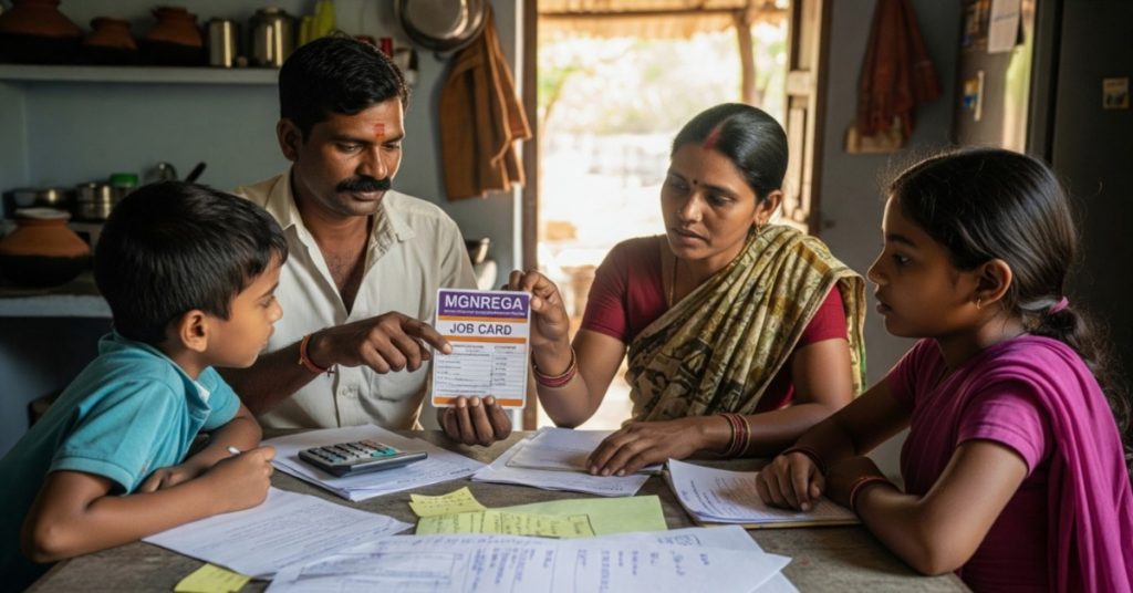 Indian family reviewing MGNREGA job card documents at kitchen table with calculator and papers spread out.