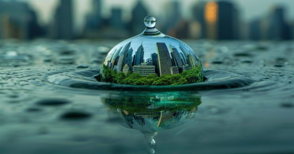 A water droplet encapsulates a city, representing the integration of CSR strategy into business practices for sustainability.