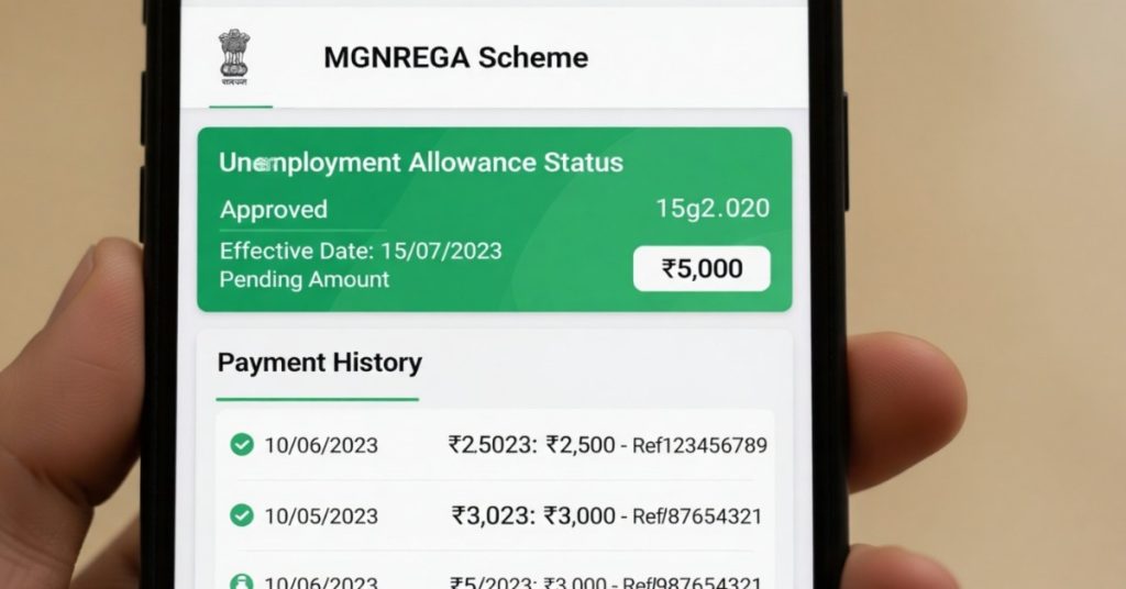 Phone displaying MGNREGA app interface showing unemployment allowance status and payment history.