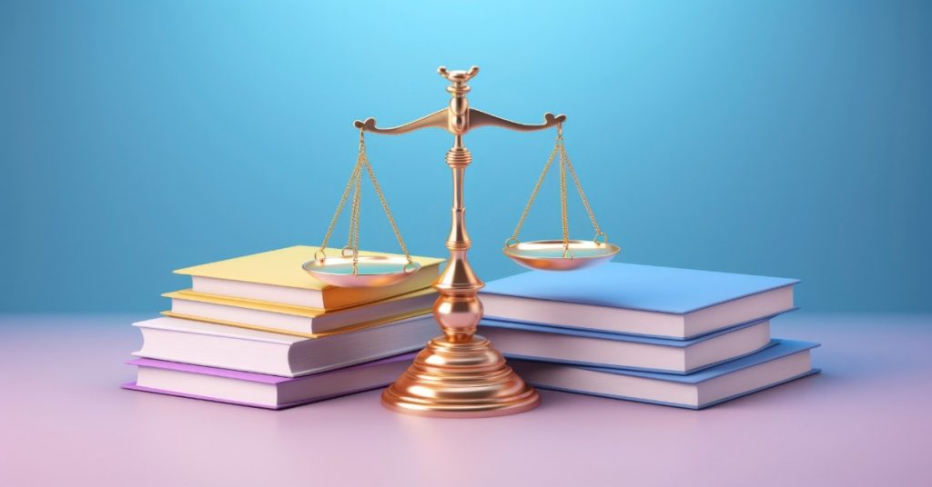 Image of golden scales and books against a blue backdrop, representing the RTE Act and its legal challenges and exemptions.