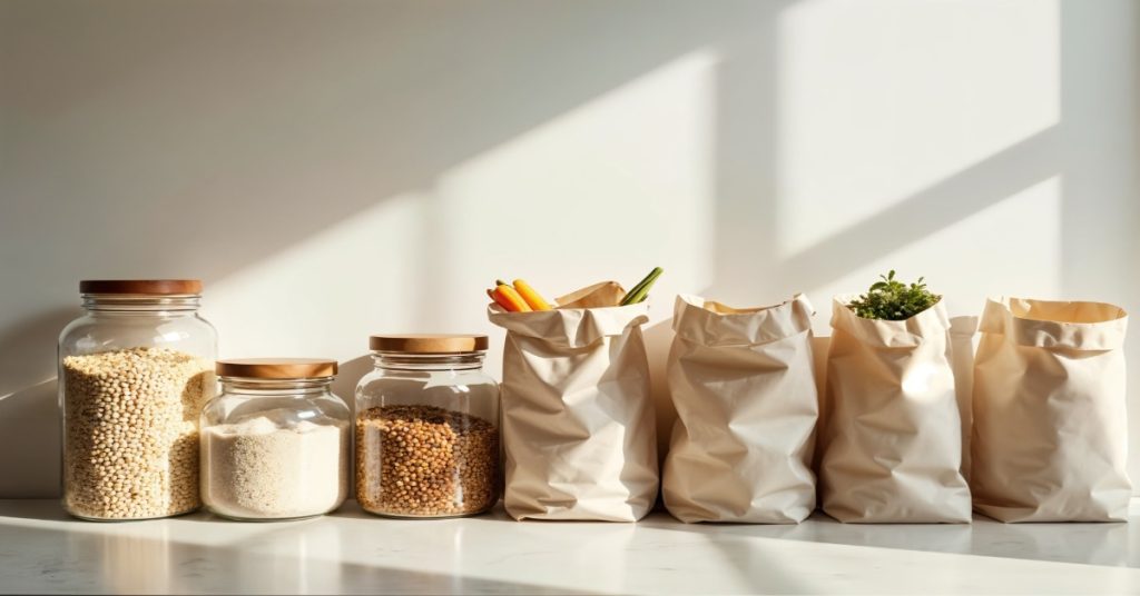 Five bags of food on a counter highlight zero-waste CSR and sustainable packaging initiatives.