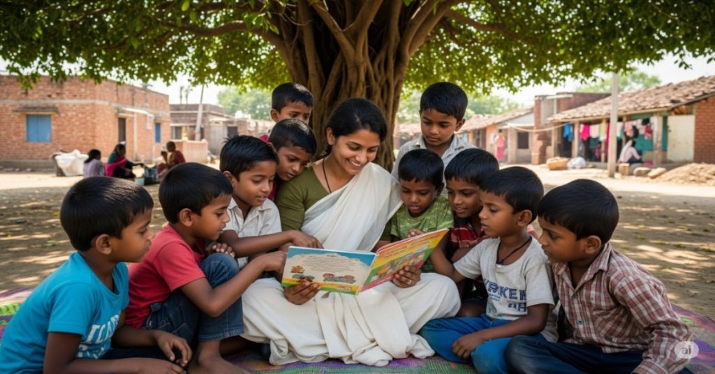 Volunteer reading a storybook to children in a community setting, illustrating grassroots educational efforts.