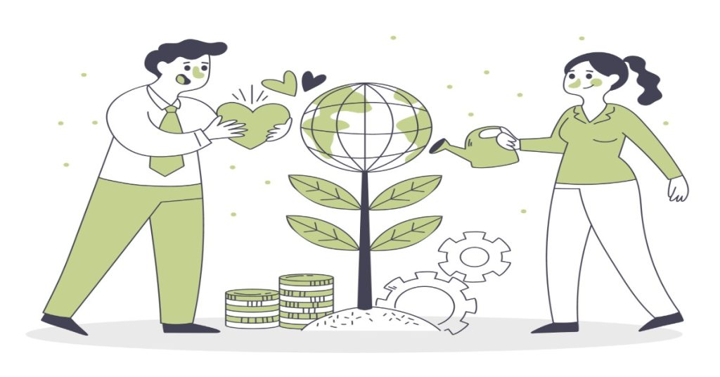A businessman and businesswoman planting a tree, representing CSR and customer loyalty. 