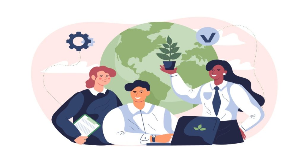 Individuals work together on a laptop with a plant nearby, showcasing their focus on zero-waste CSR practices.