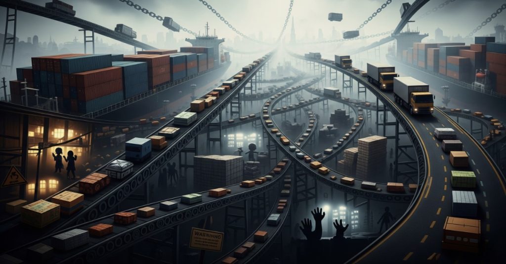 A complex and tangled supply chain disappearing into the distance, symbolizing lack of transparency and the hidden risks of child labour in global production.