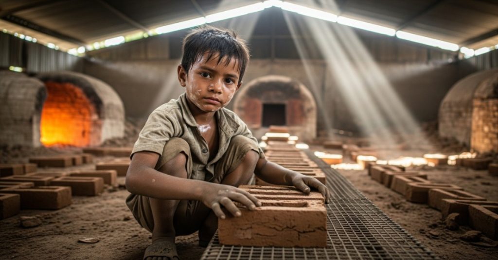 Child labourer in India carrying bricks, highlighting the harsh realities of exploitation.