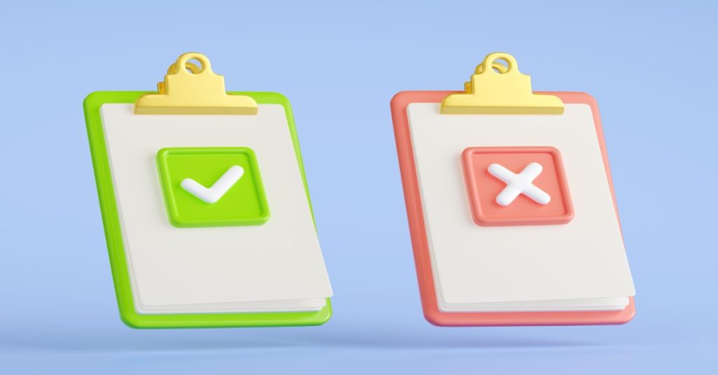 Two clipboards featuring a check mark and an x on a blue background, illustrating EWS and RTE application results.