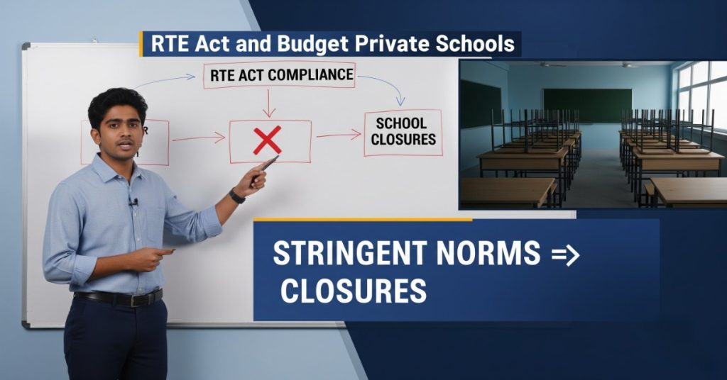 Educational video discussing how RTE Act leads to closures of budget private schools due to stringent norms.