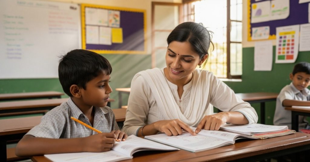 A volunteer provides personalized educational support to a young student in a classroom setting, highlighting the impact of community involvement in education.
