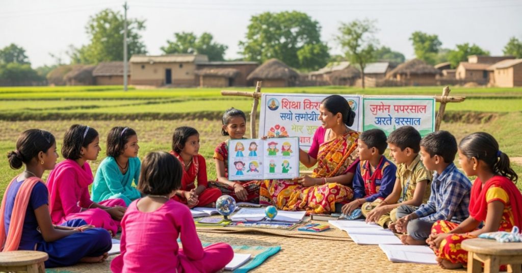 An Indian woman teaching a group of young children, primarily girls, in a rural outdoor classroom as part of an educational NGO program supporting children's education.