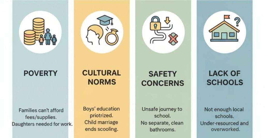 Illustration depicting four obstacles to female education.
