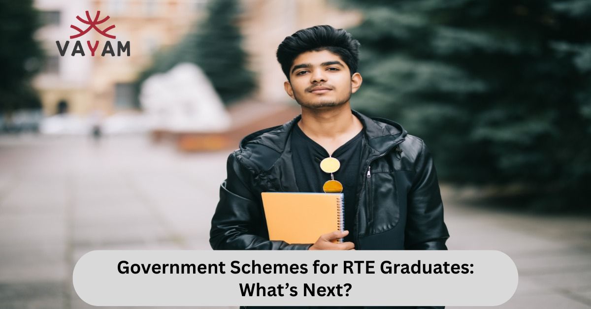 RTE graduate, standing on college campus with a notebook in hand.