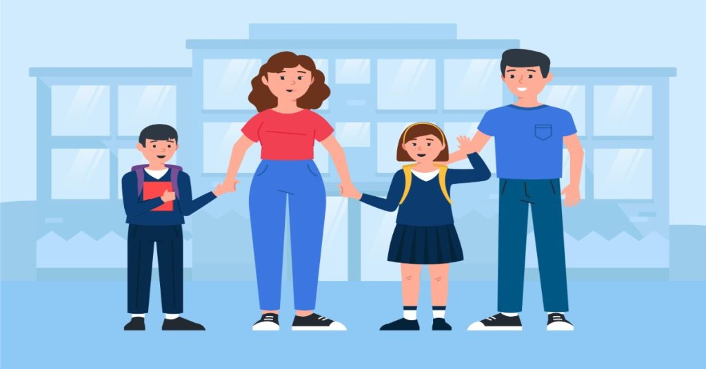 Family with children in school uniform depicted, highlighting public speaking as a vital skill for success.